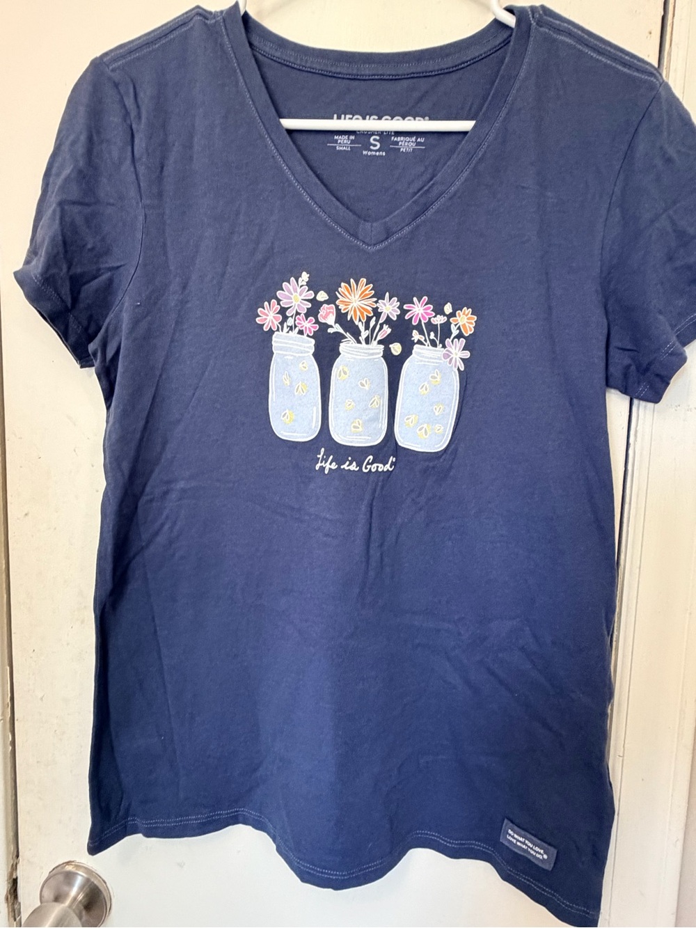 Life Is Good Navy V-Neck Tee with Mason Jar Flower Graphic